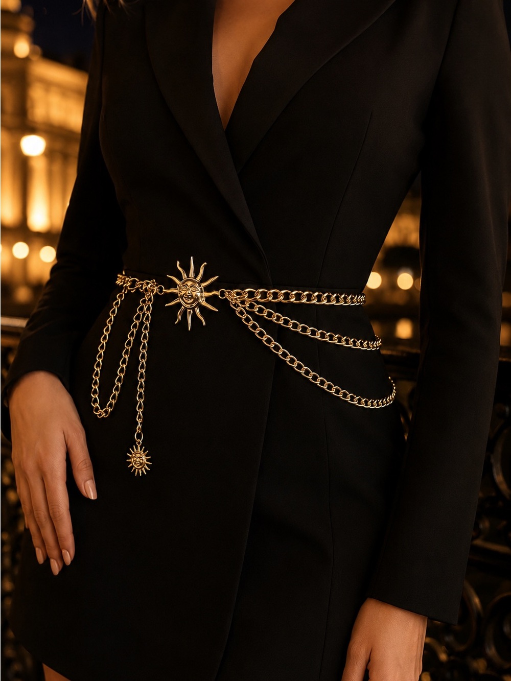 Gold Sun Chain Belt on Red Blazer - Picture 8 of 8